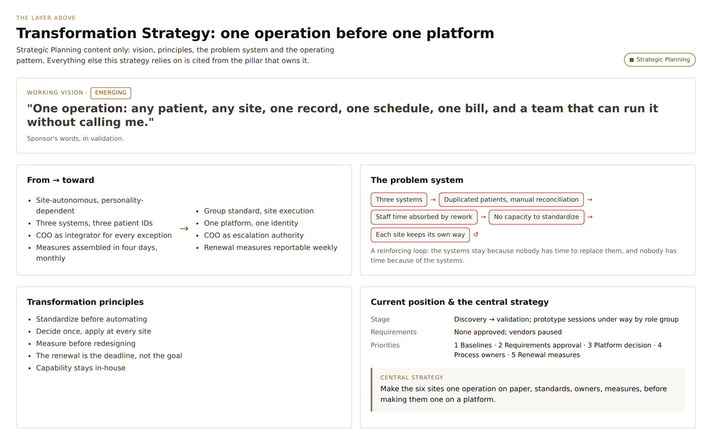 Screen showing the sponsor's vision statement, guiding principles, and the loop that keeps six sites aligned on three systems.